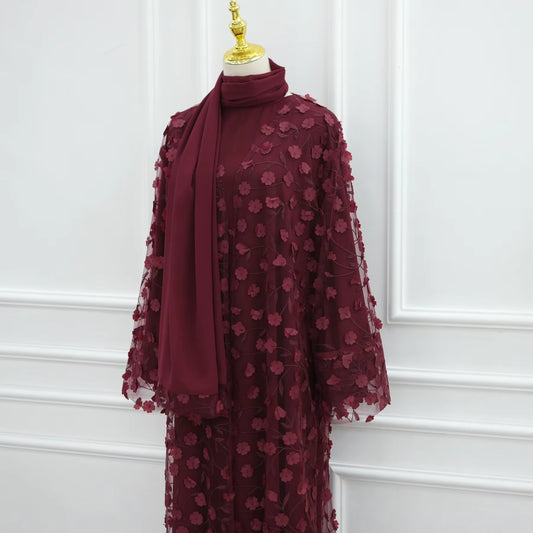 3D Floral Lace Abaya Set – 3 Piece