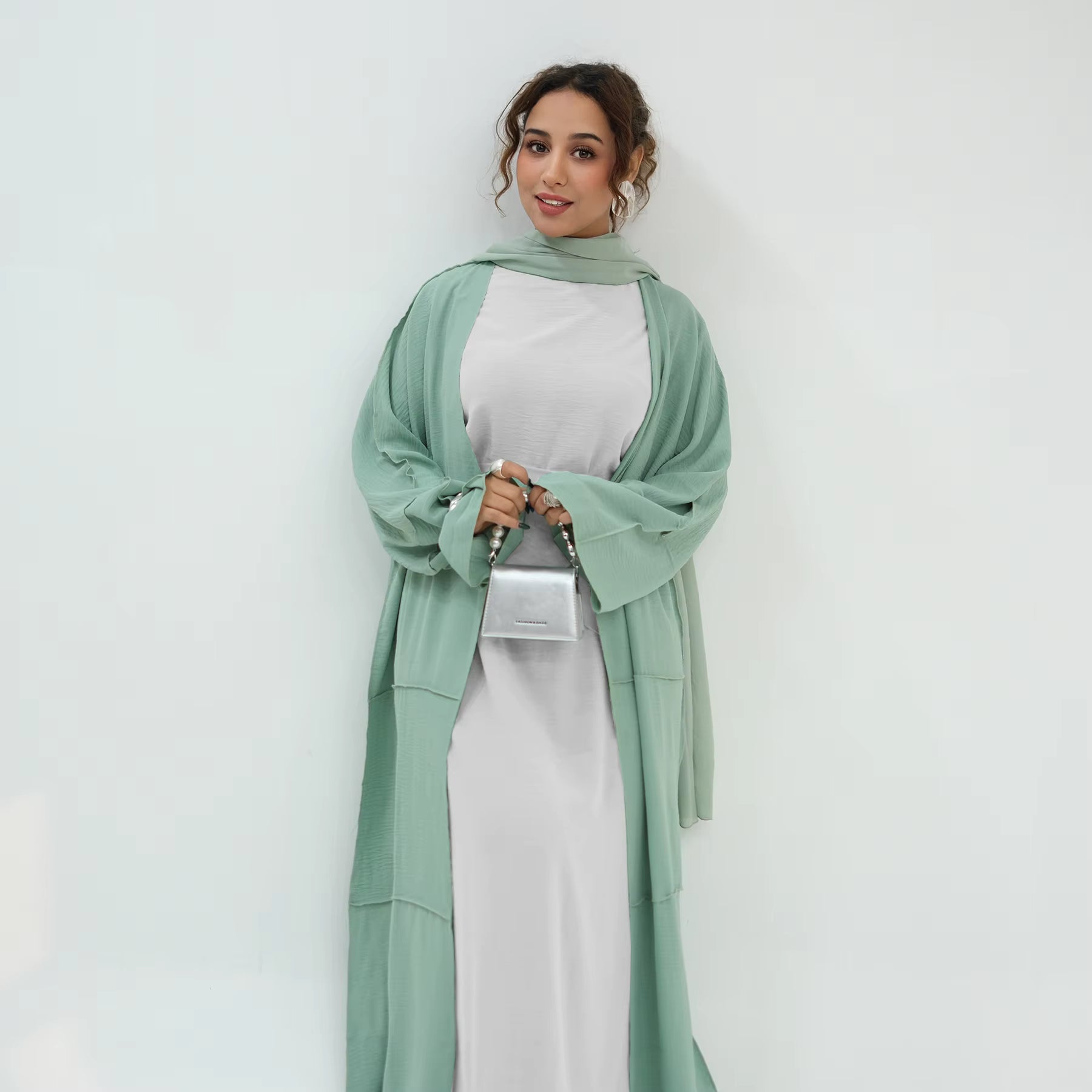 msk green dress Final SALE | Wide Sleeved closed Satin Abaya main image 0