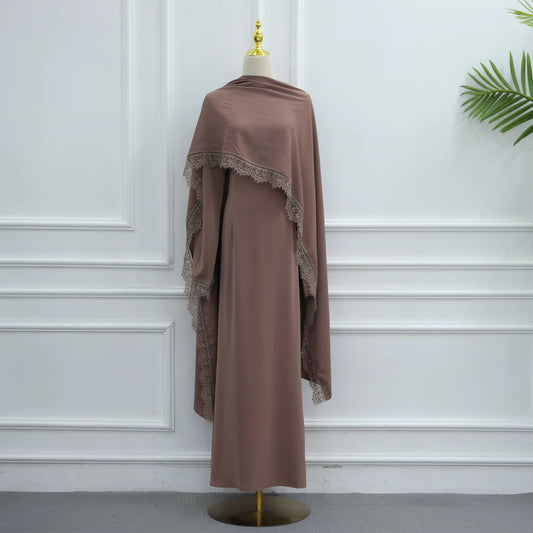 Elegant Lace Trim Cape Overlay Abaya Dress