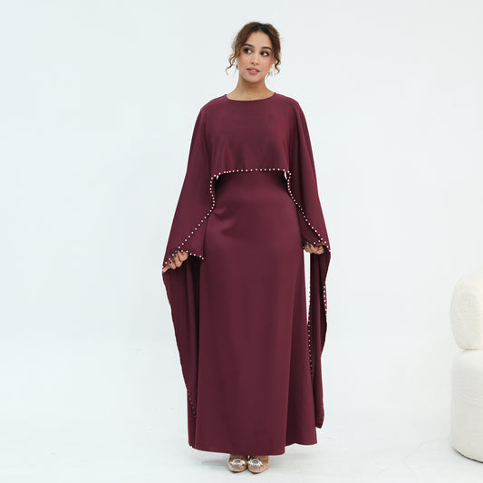 2026 Pearl Embellished Cape Kaftan Abaya – Luxury Satin Maxi Dress