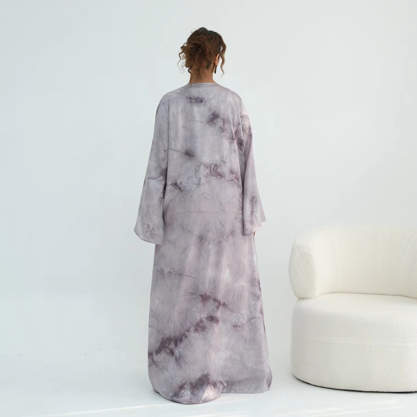 Satin Marble Print Abaya with Bow Tie Detail