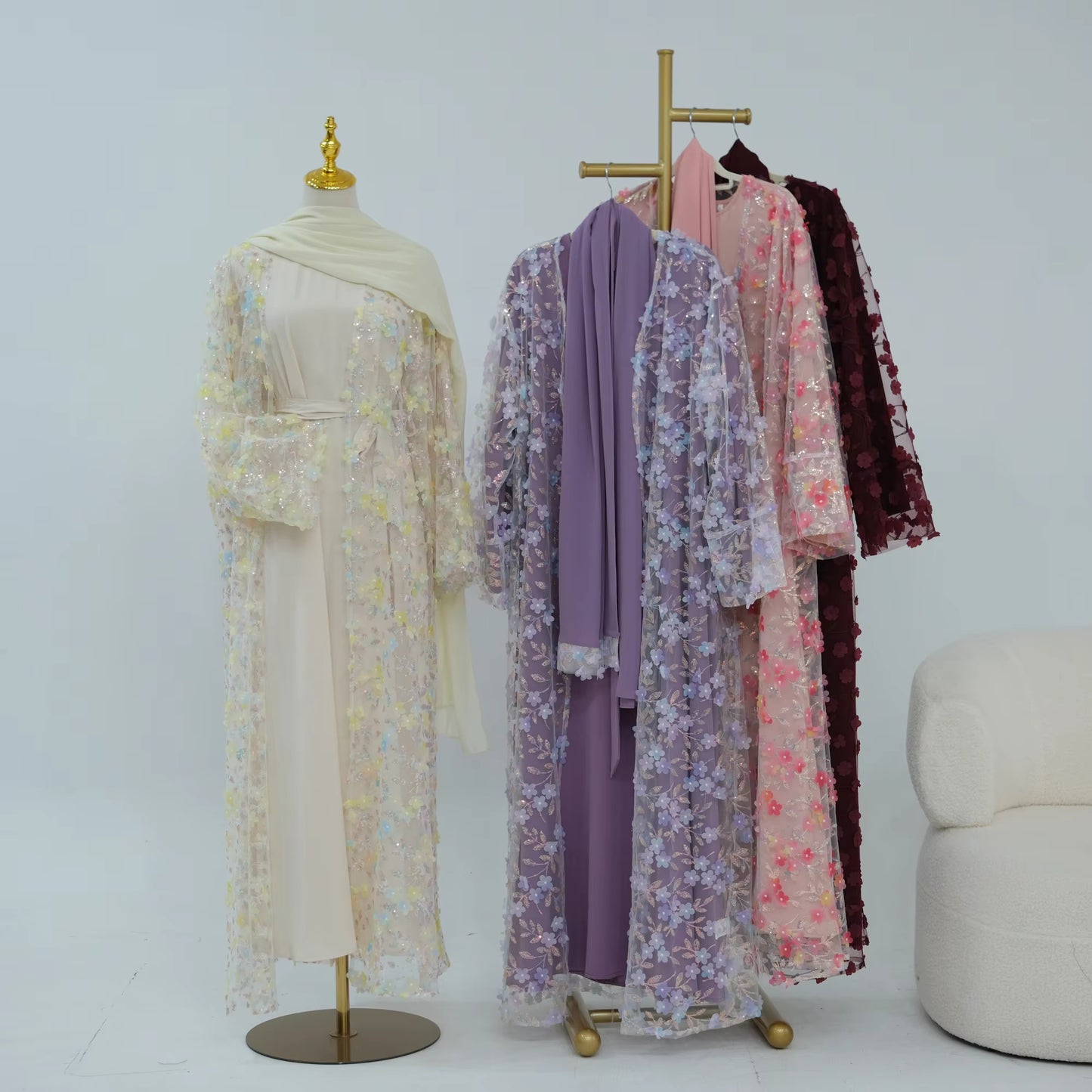 3D Floral Lace Abaya Set – 3 Piece
