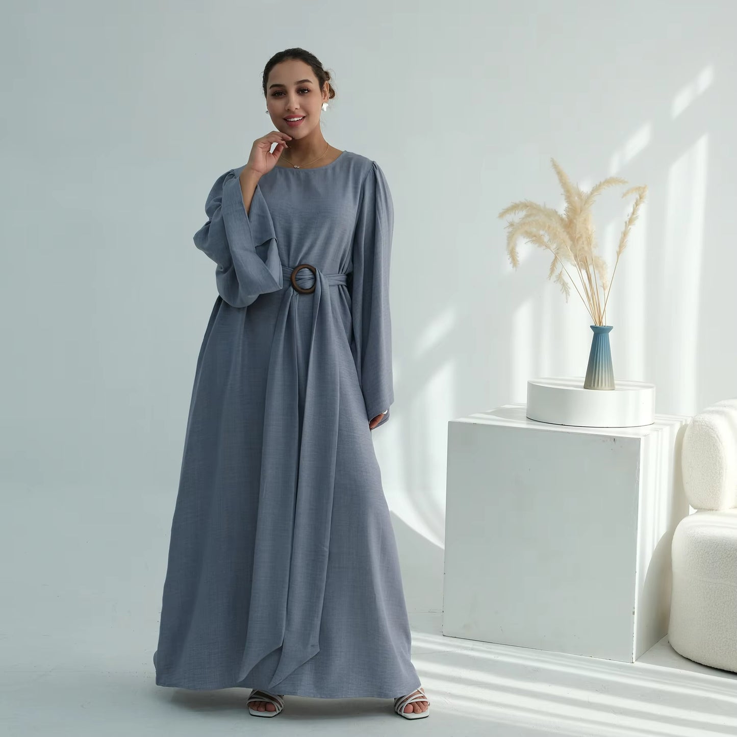 Summer Modest Abaya for Women – Removable Belt Islamic Maxi Dress