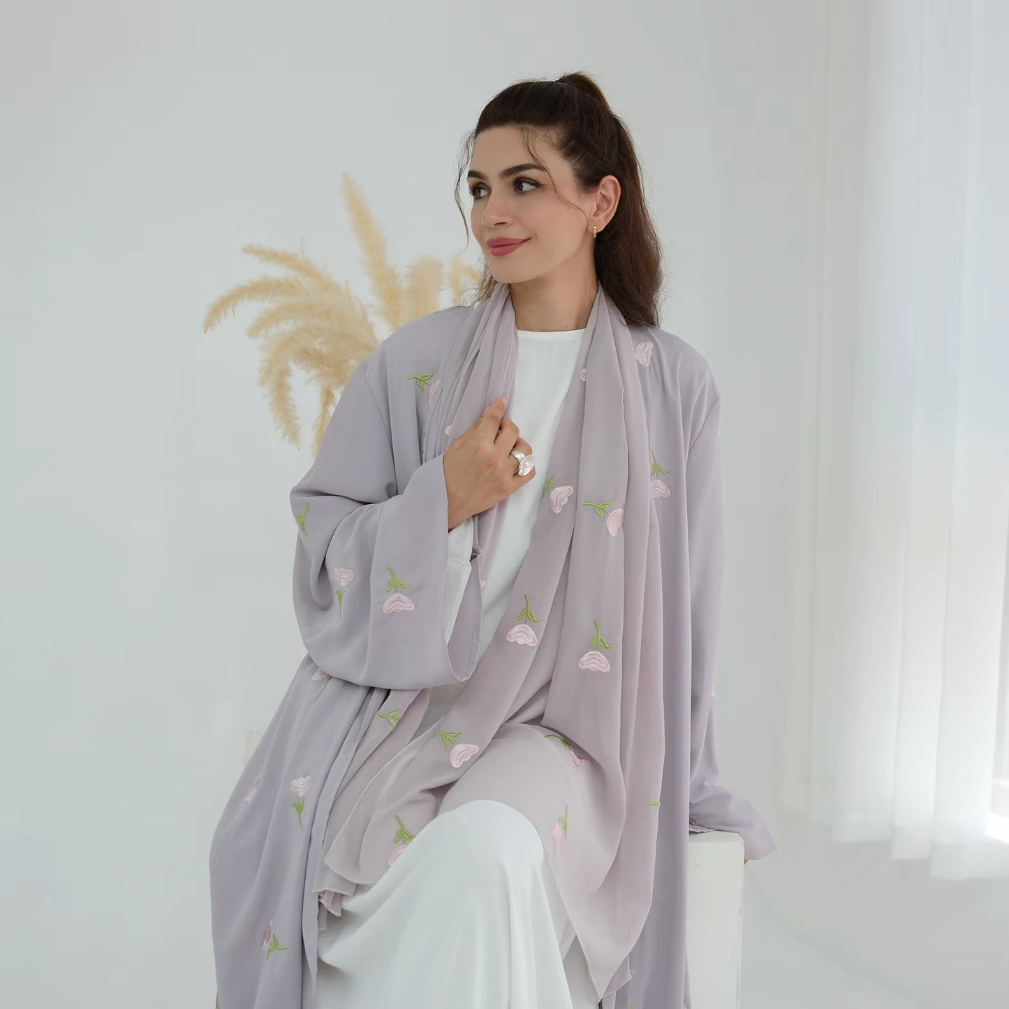 Floral Embroidered Nida Abaya with Scarf