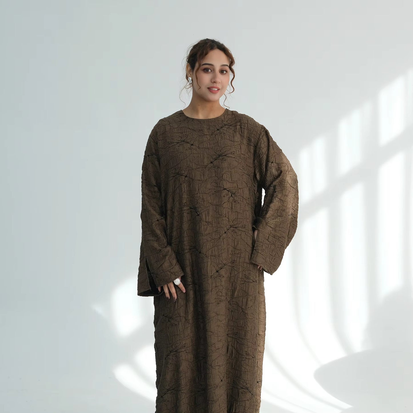 Coffee Crinkle Abaya – Premium Soft Textured Modest Dress