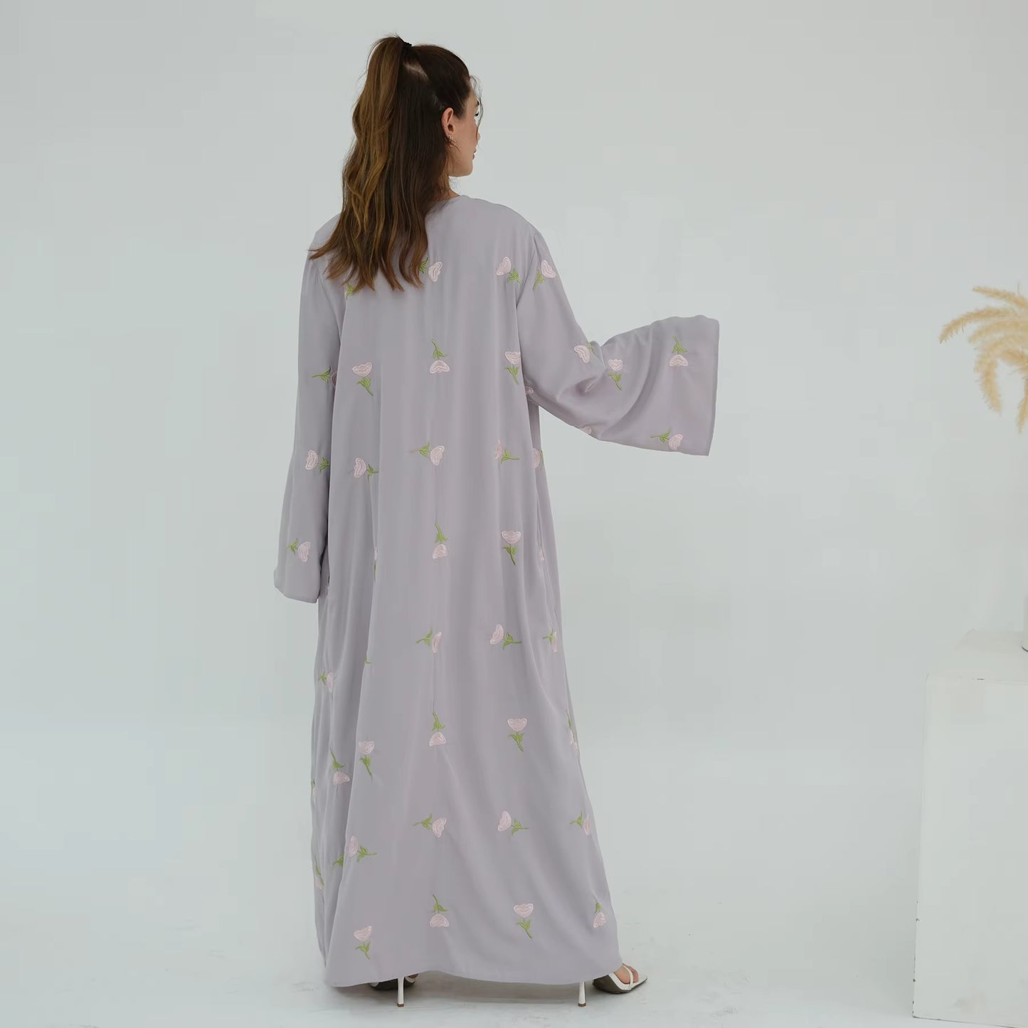 Floral Embroidered Nida Abaya with Scarf