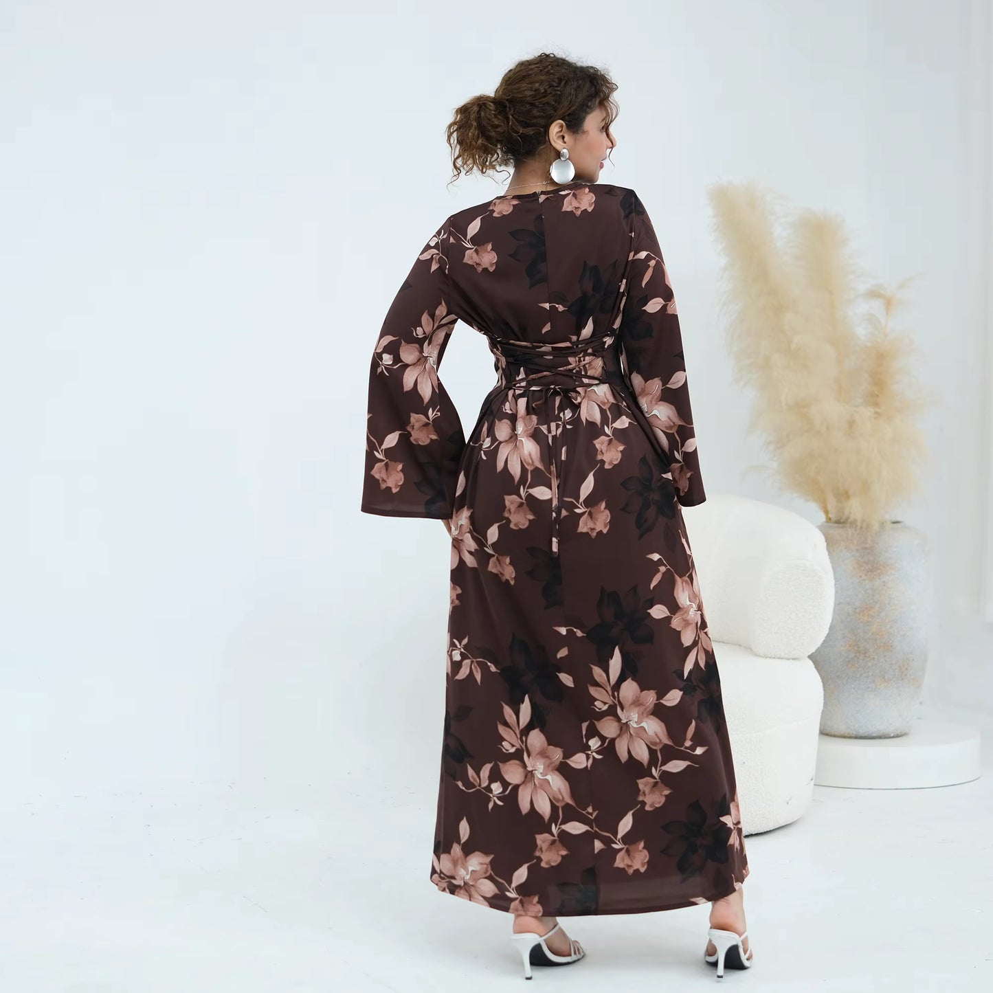 Floral Print Modest Maxi Dress with Drawstring Waist