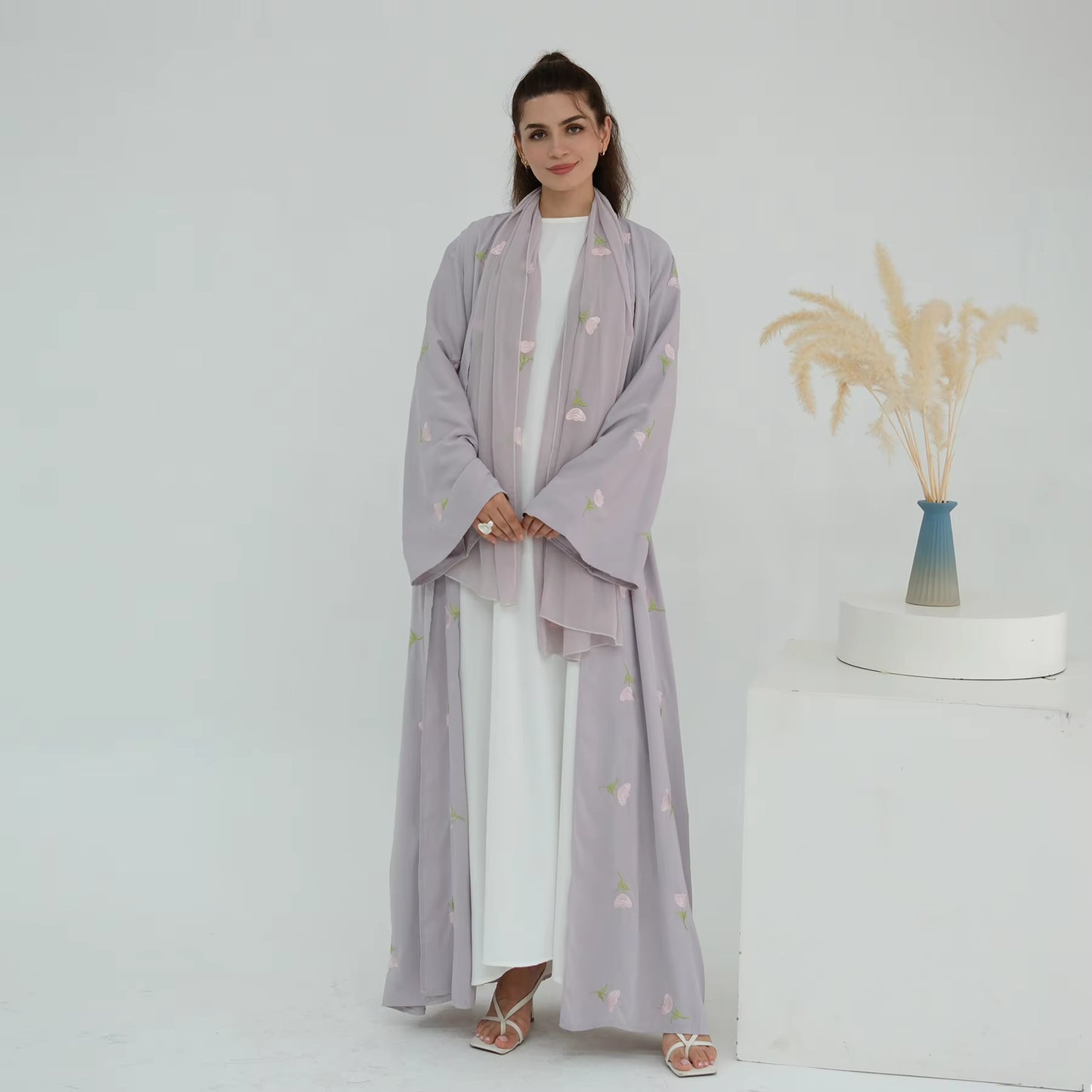 Floral Embroidered Nida Abaya with Scarf