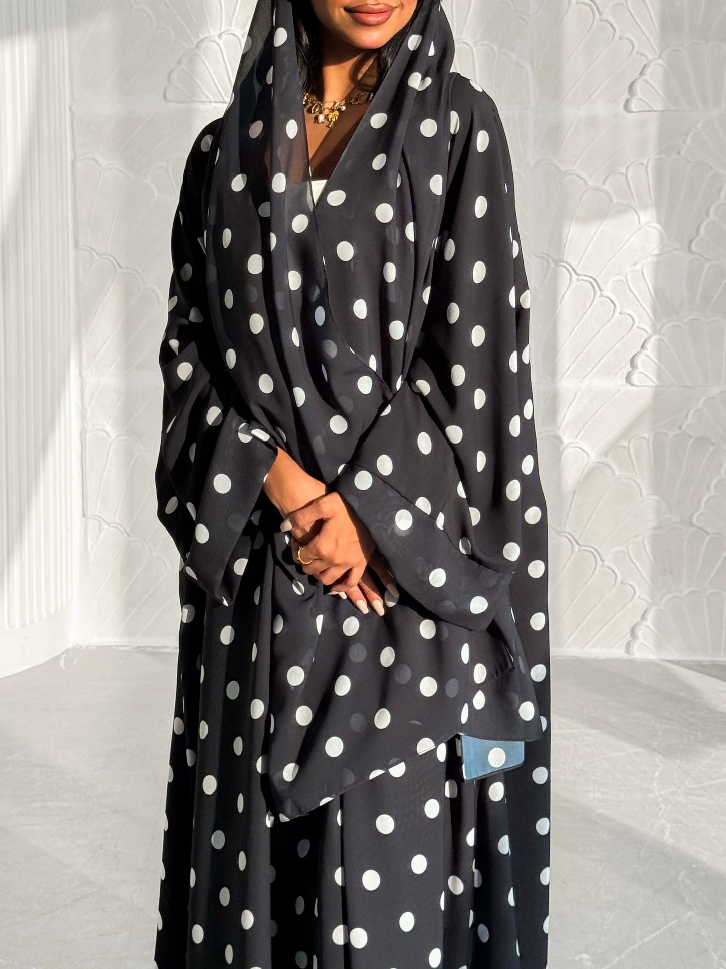Modern Polka Dot Abaya Set with Hijab