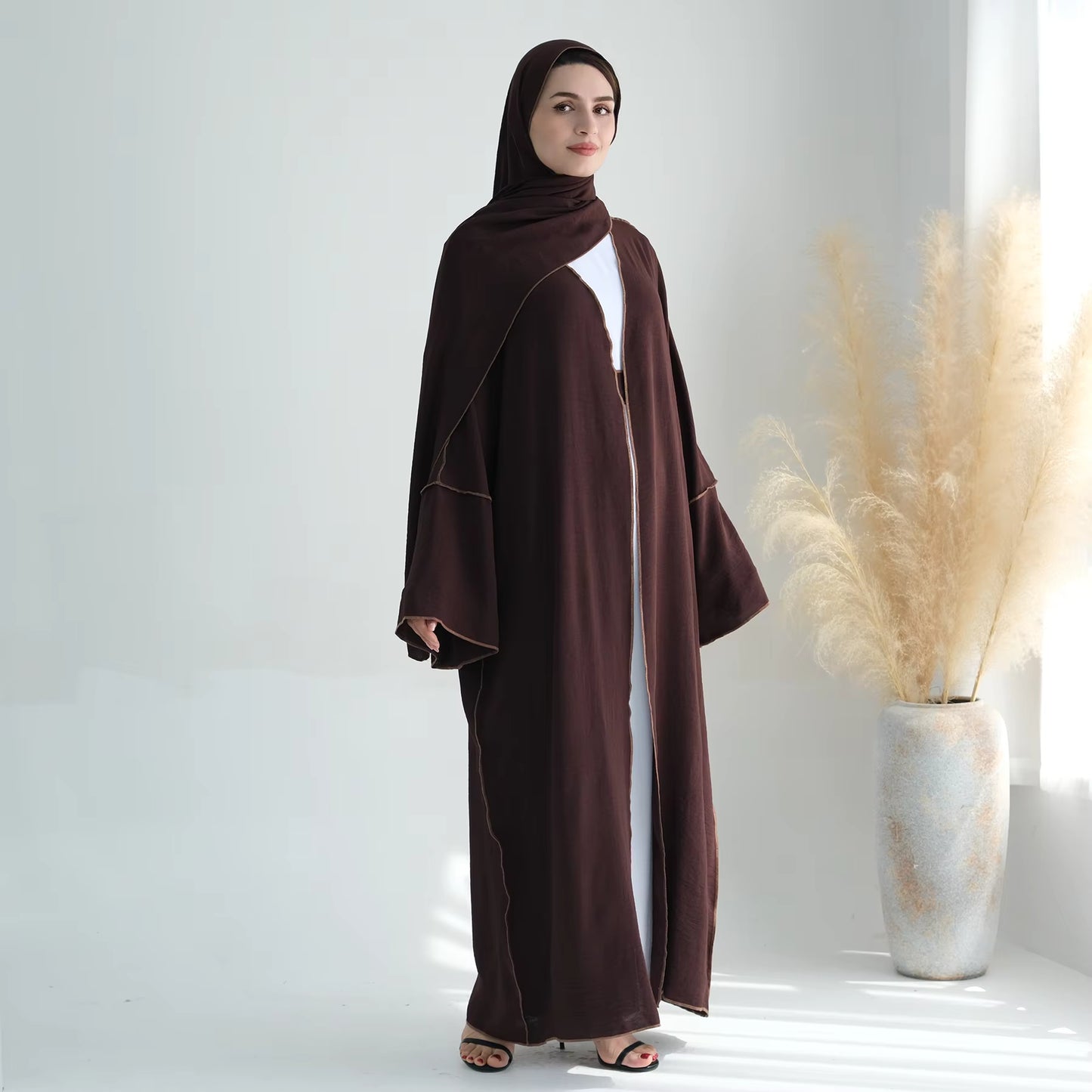 Modest 2-Piece Abaya Set – Soft Crepe Open Front Kimono Cardigan with Hijab Scarf