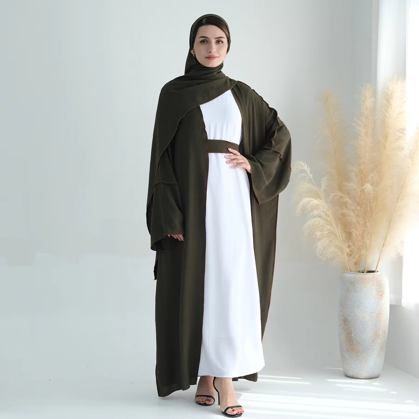 Modest 2-Piece Abaya Set – Soft Crepe Open Front Kimono Cardigan with Hijab Scarf