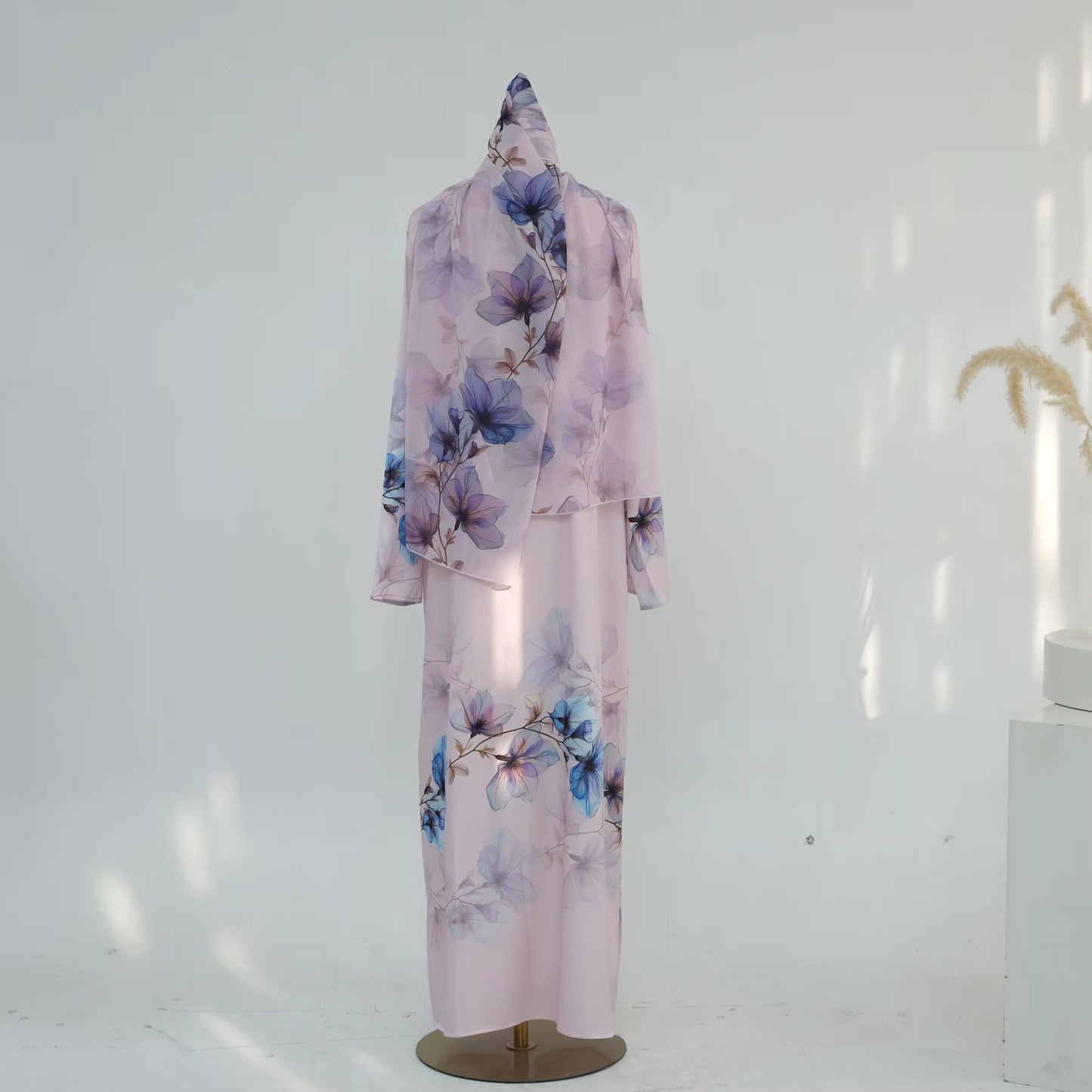 Printed Chiffon & Satin Open Abaya with Hijab – Elegant Ramadan & Eid Modest Dress