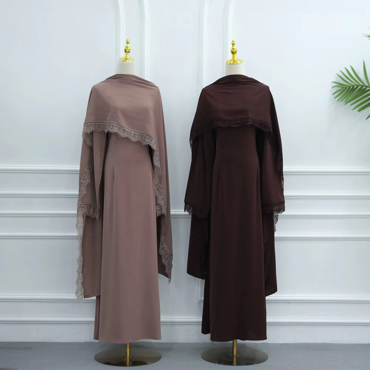 Elegant Lace Trim Cape Overlay Abaya Dress