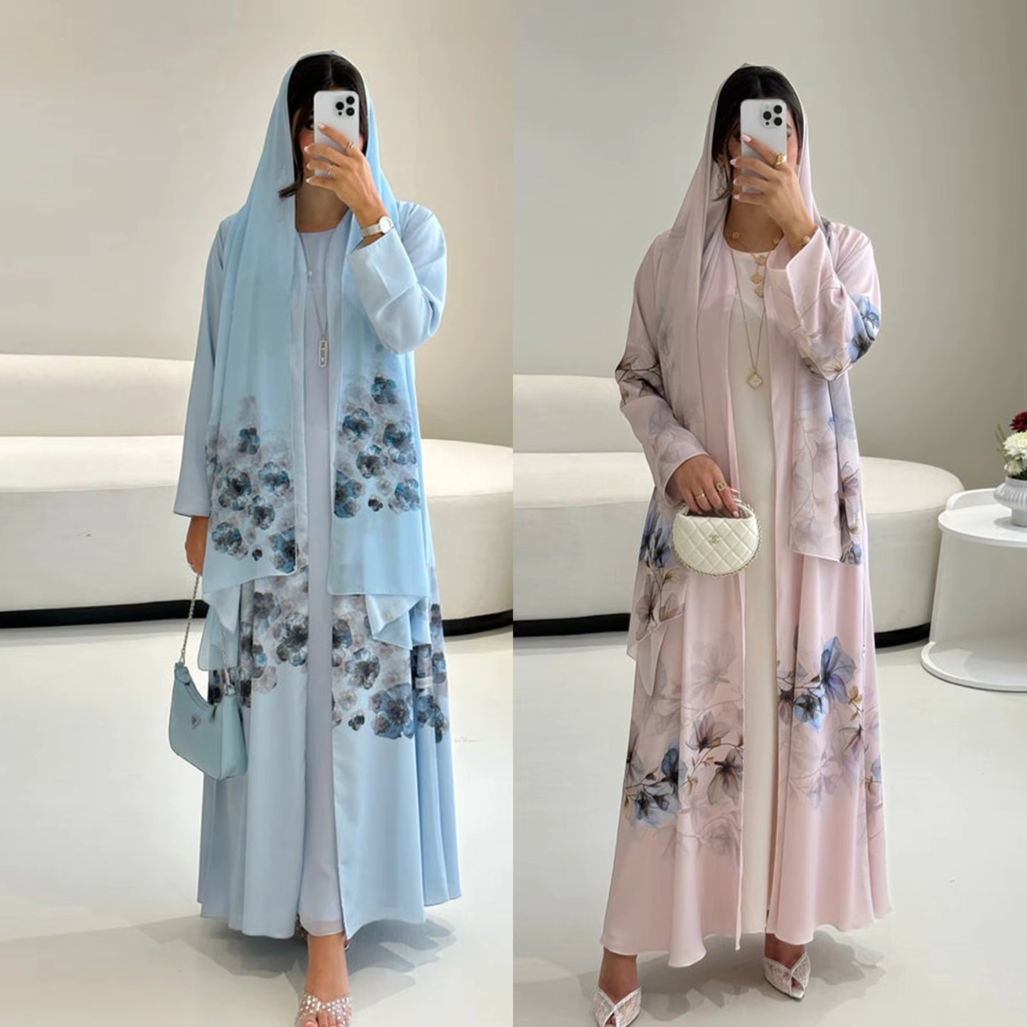 Printed Chiffon & Satin Open Abaya with Hijab – Elegant Ramadan & Eid Modest Dress