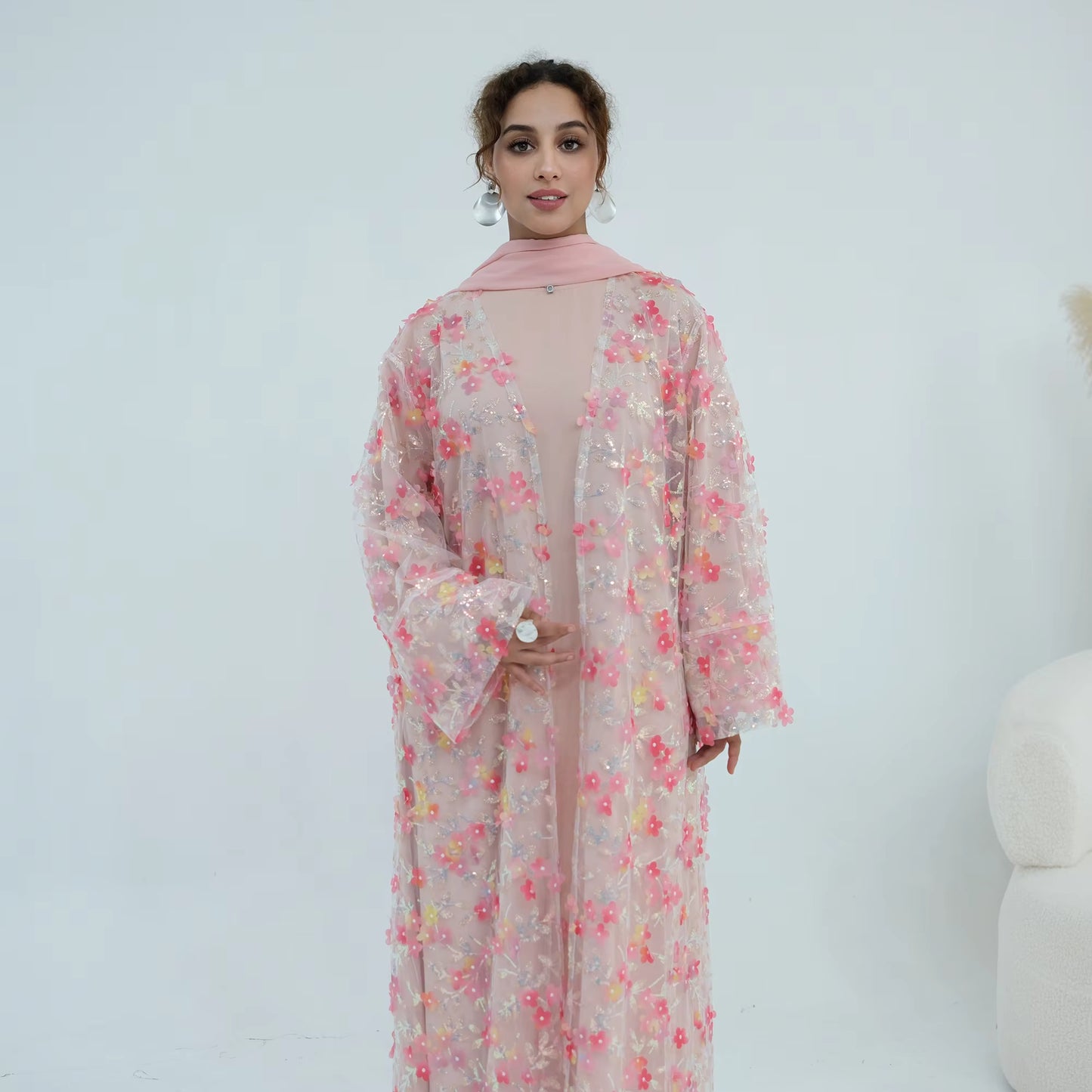 3D Floral Lace Abaya Set – 3 Piece