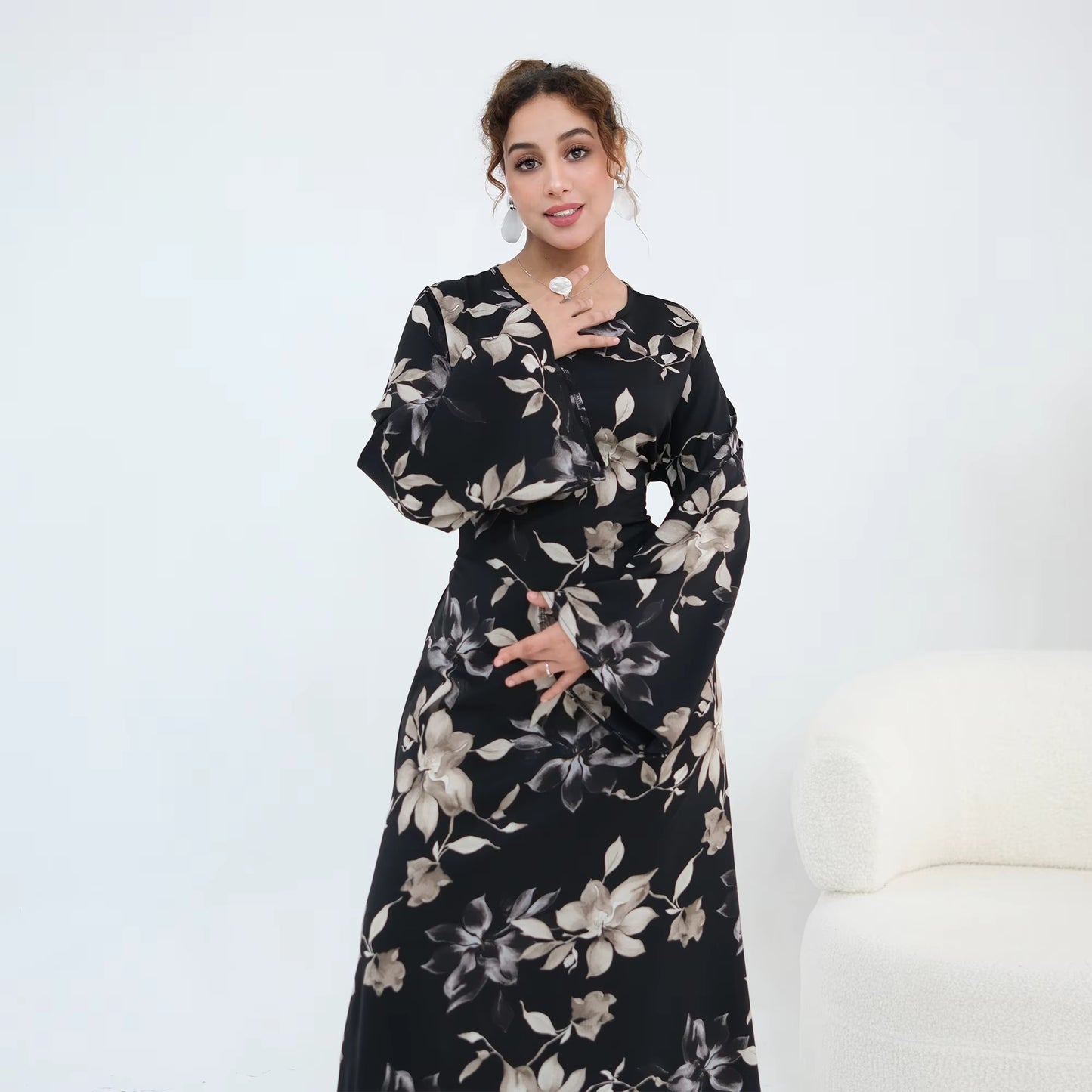 Floral Print Modest Maxi Dress with Drawstring Waist