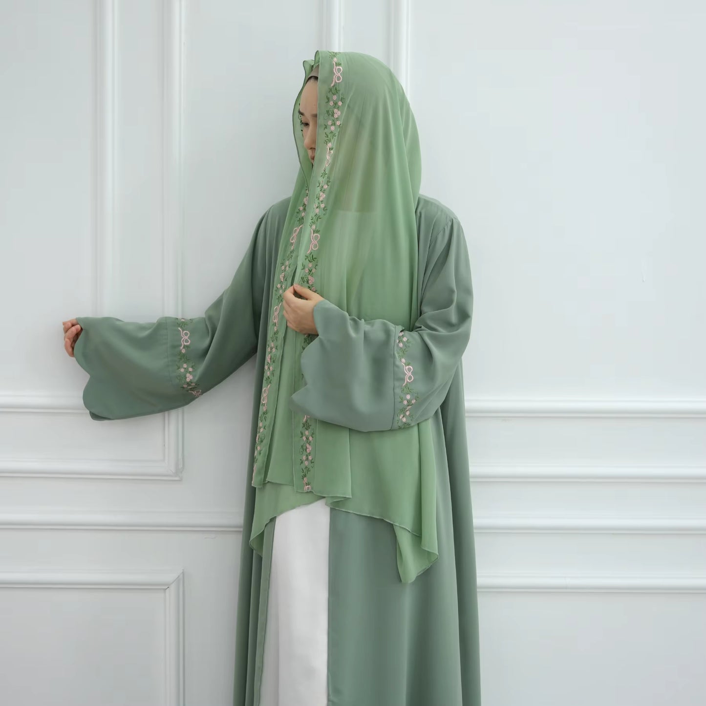 Embroidered Nida Abaya Set with Matching Hijab
