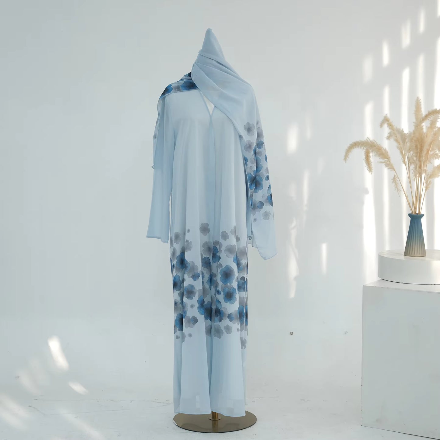 Printed Chiffon & Satin Open Abaya with Hijab – Elegant Ramadan & Eid Modest Dress