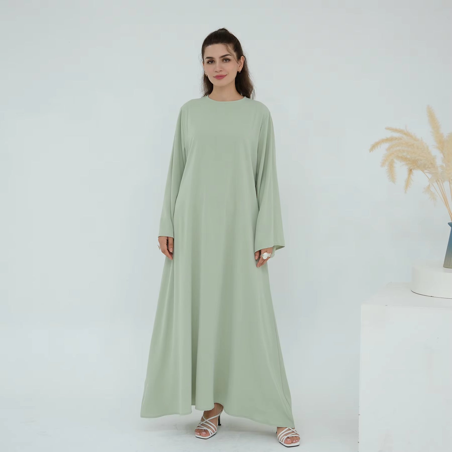 Eid Modest Nida Closed Abaya Long Sleeve Maxi Dress with Belt