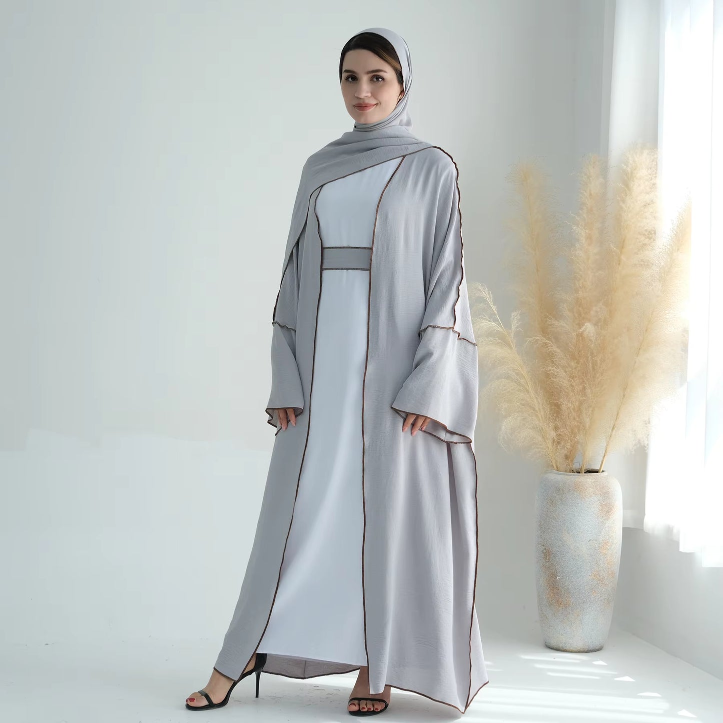 Modest 2-Piece Abaya Set – Soft Crepe Open Front Kimono Cardigan with Hijab Scarf