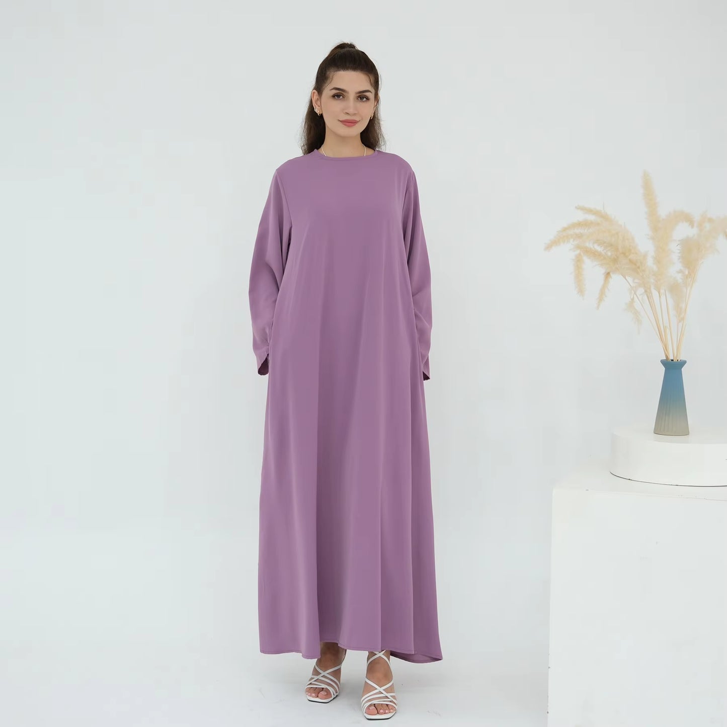 Eid Modest Nida Closed Abaya Long Sleeve Maxi Dress with Belt