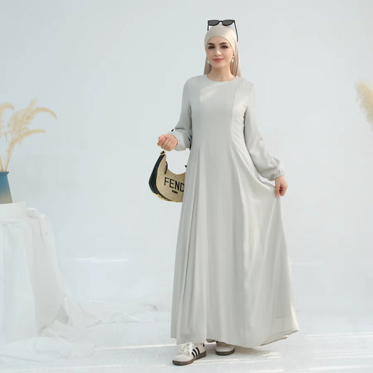 Solid Color Linen Abaya Maxi Dress – Breathable Modest Dress with Balloon Sleeves