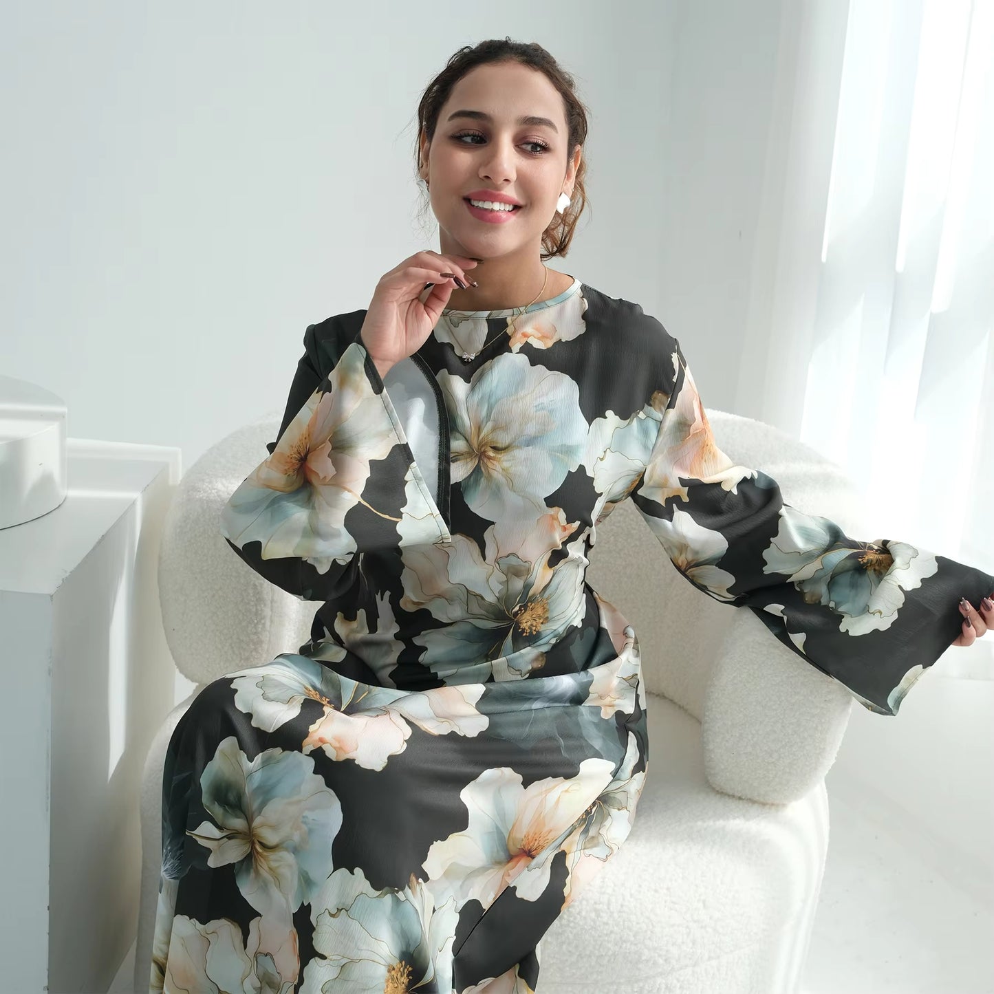 Elegant Floral Abaya | Modest Long Sleeve Muslim Maxi Dress