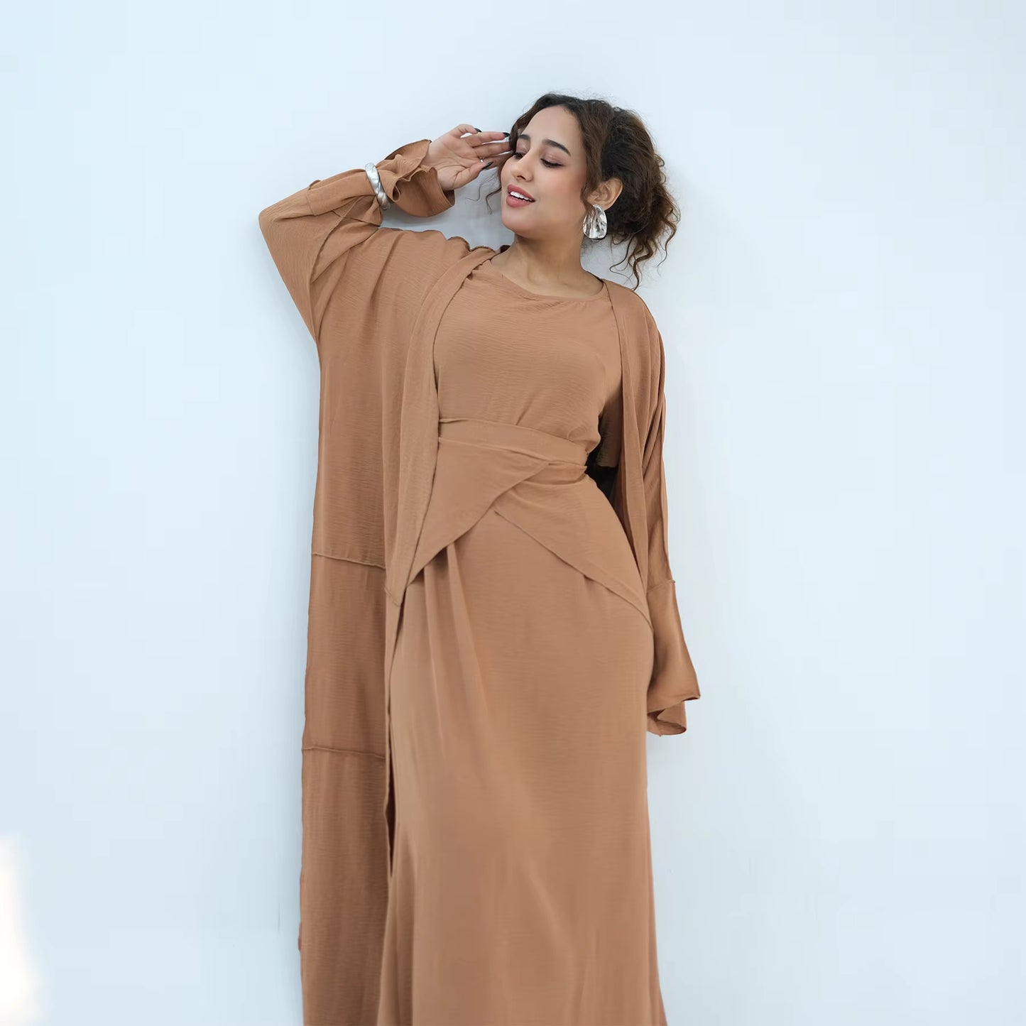 2-Piece Open Abaya Set – Daily Wear Muslim Dress with Wrap