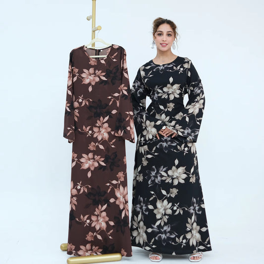 Floral Print Modest Maxi Dress with Drawstring Waist