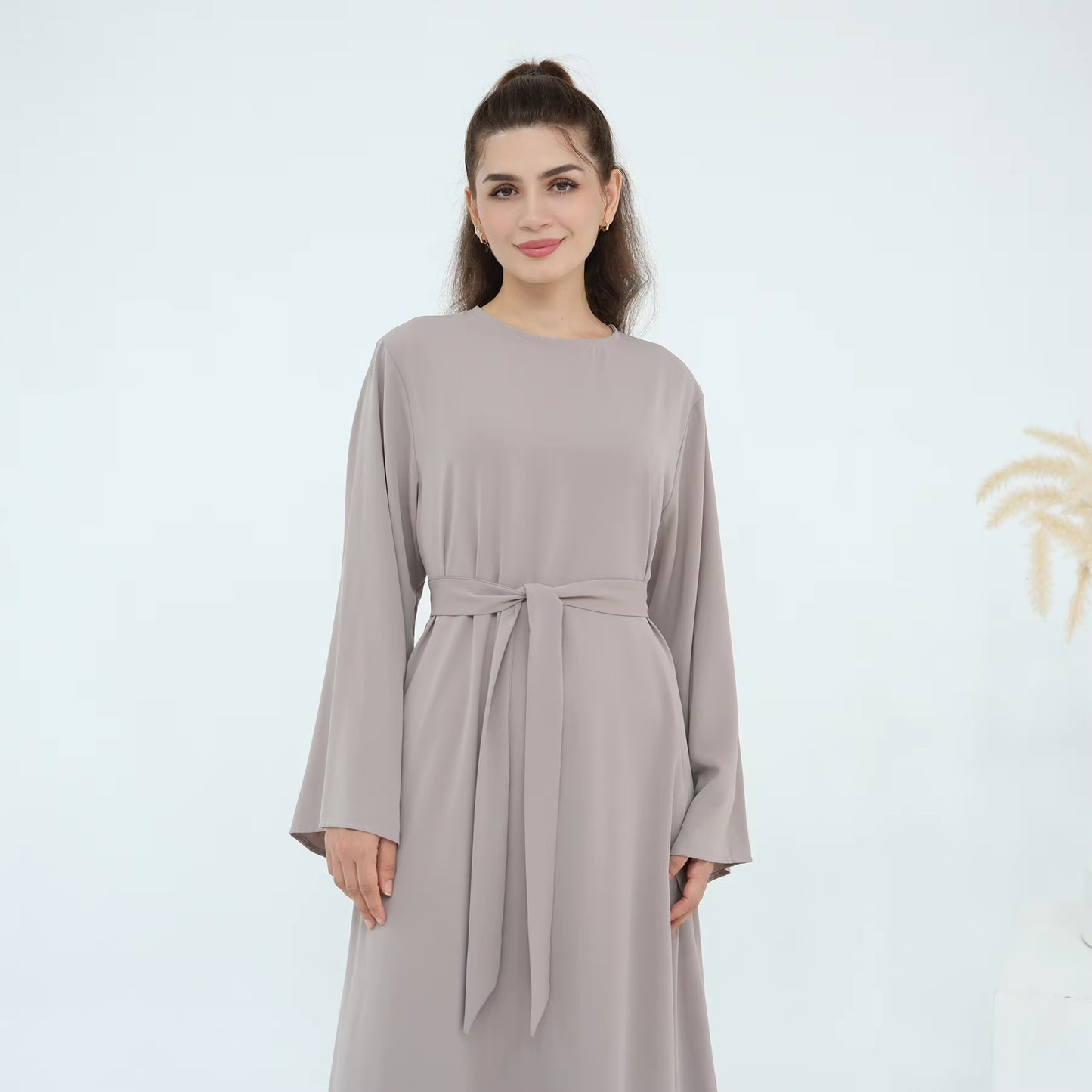 Eid Modest Nida Closed Abaya Long Sleeve Maxi Dress with Belt