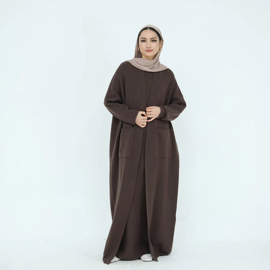 Autumn & Winter Knit Abaya 2-Piece Set – Elegant Cardigan & Inner Dress