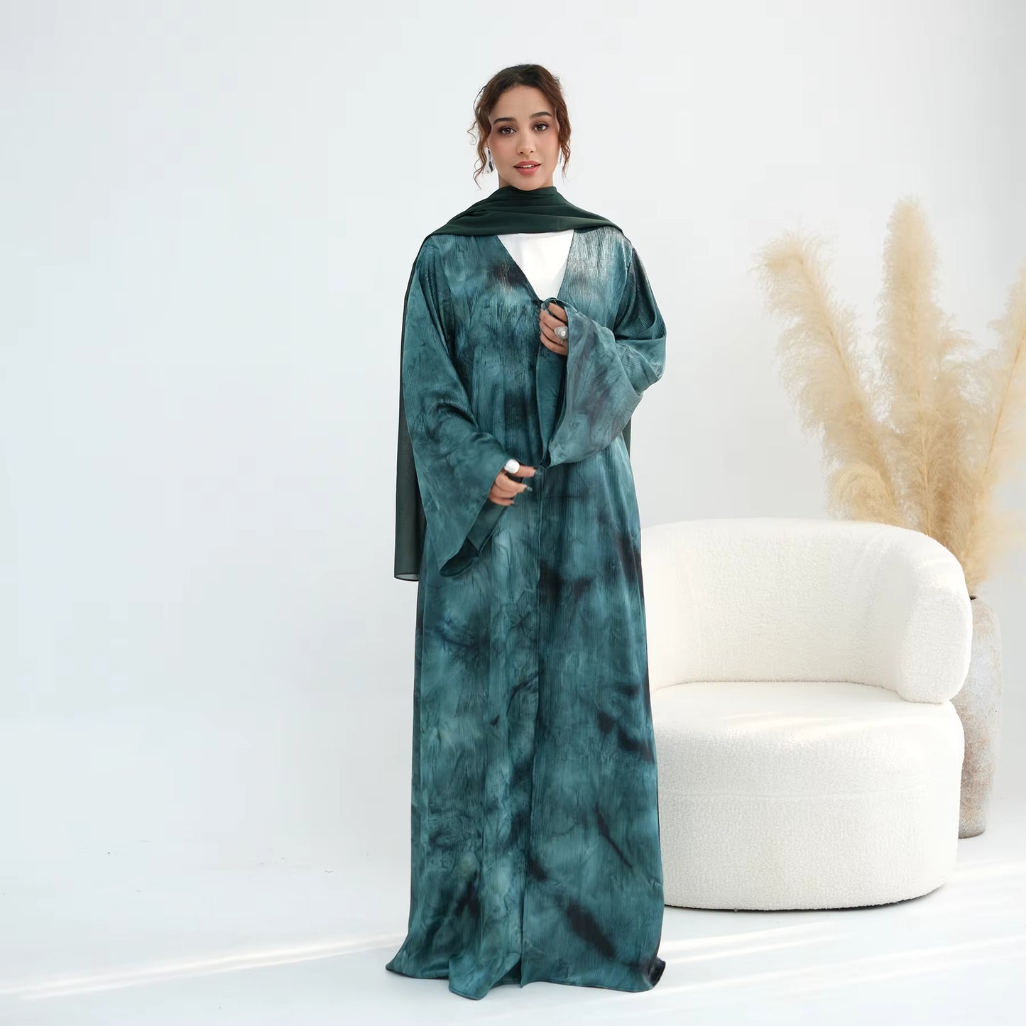 Satin Marble Print Abaya with Bow Tie Detail