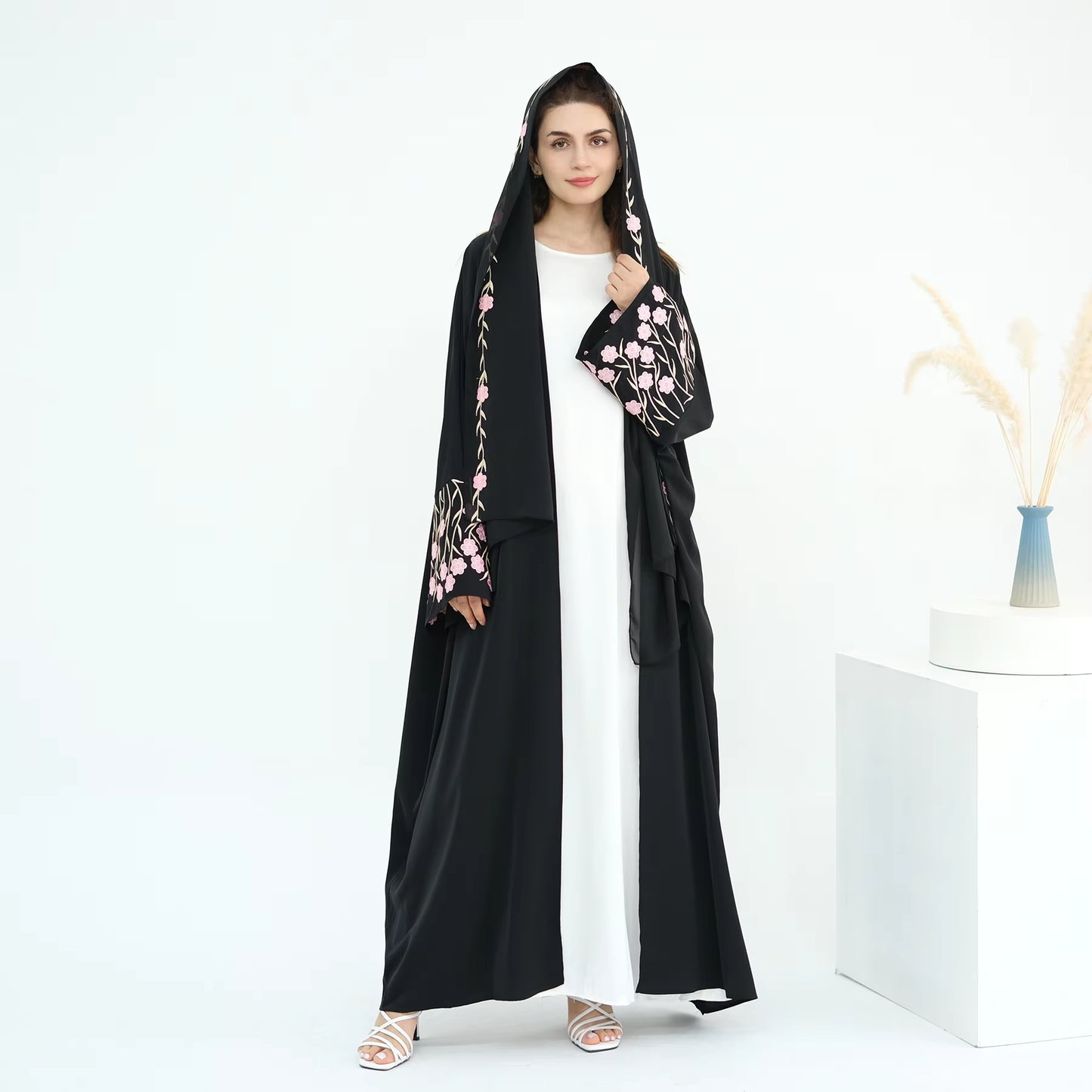 Loriya Floral Embroidered Open Abaya Set – 2PCS Modest Islamic Dress with Hijab