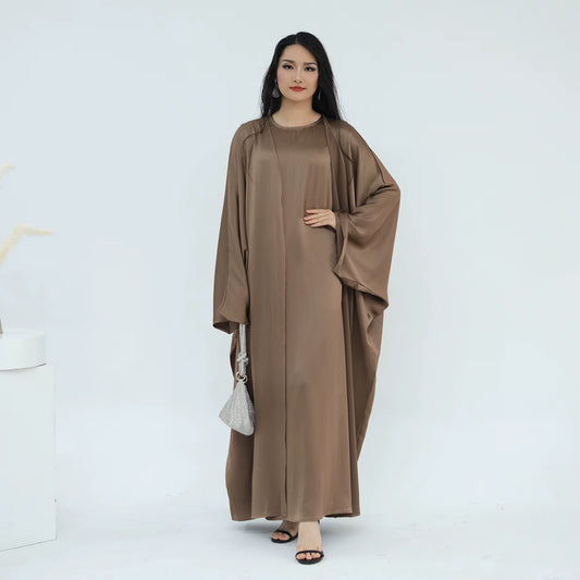 Eid Luxury Satin 2-Piece Abaya Set – Modest Kimono Abaya for Women