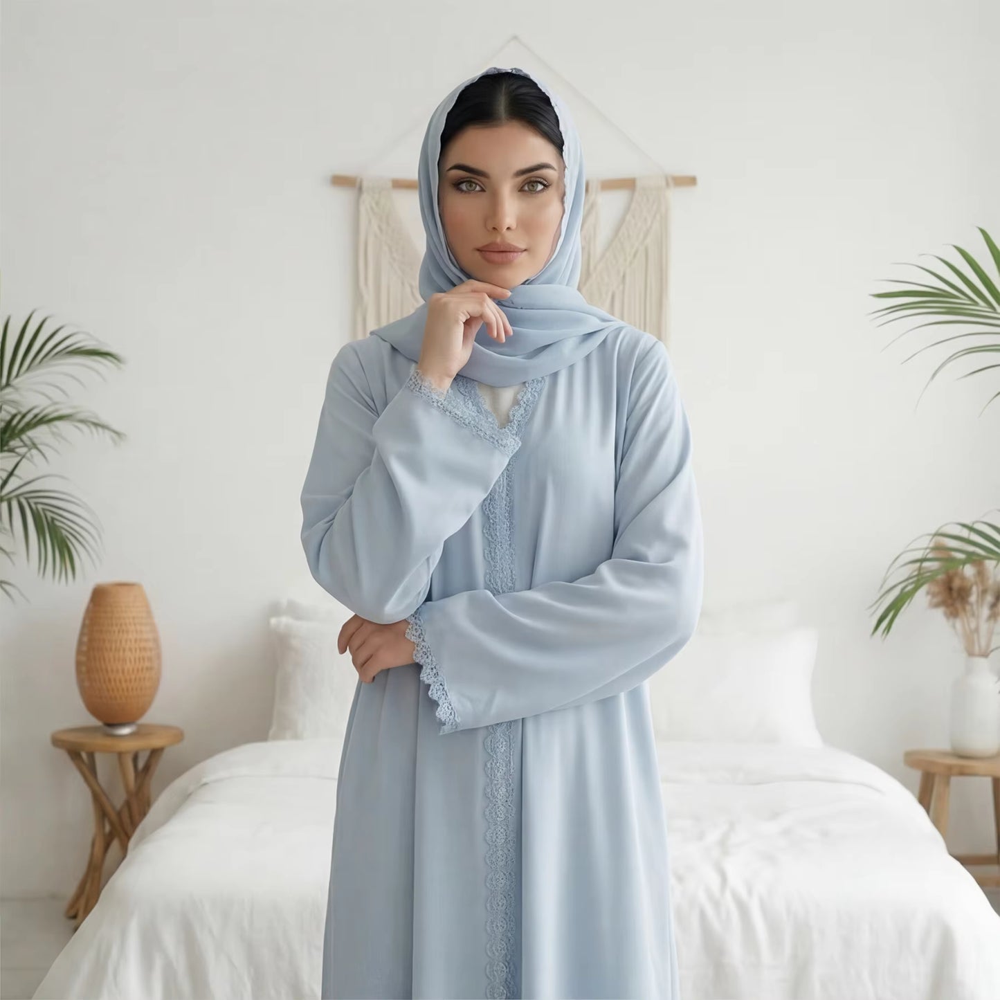 Nida Lace Flower Open Abaya with Hijab
