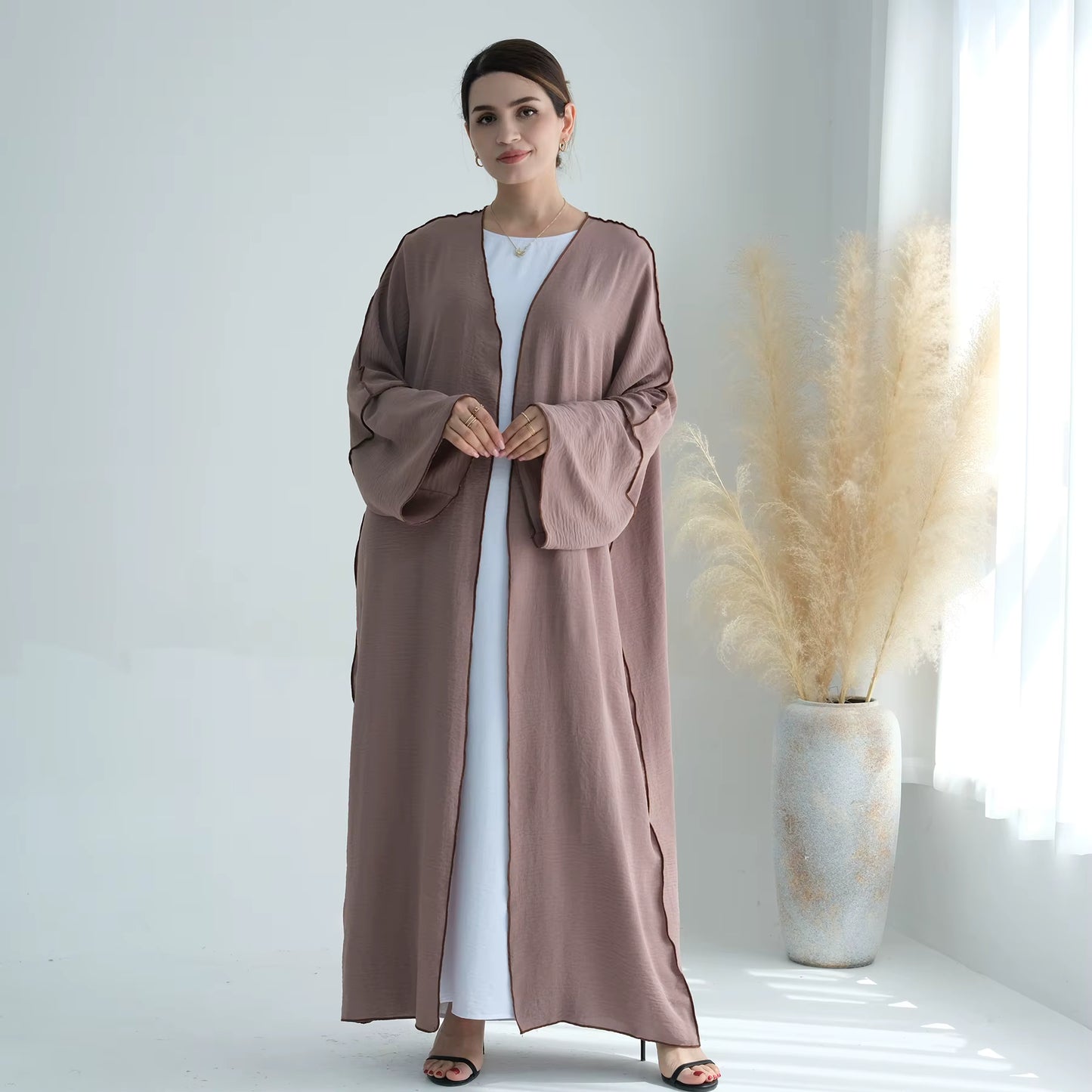 Modest 2-Piece Abaya Set – Soft Crepe Open Front Kimono Cardigan with Hijab Scarf