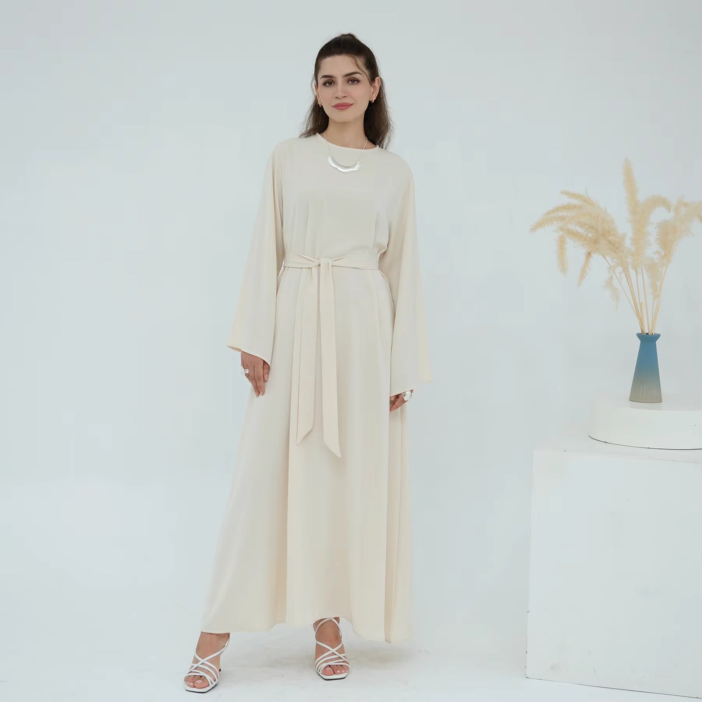 Eid Modest Nida Closed Abaya Long Sleeve Maxi Dress with Belt