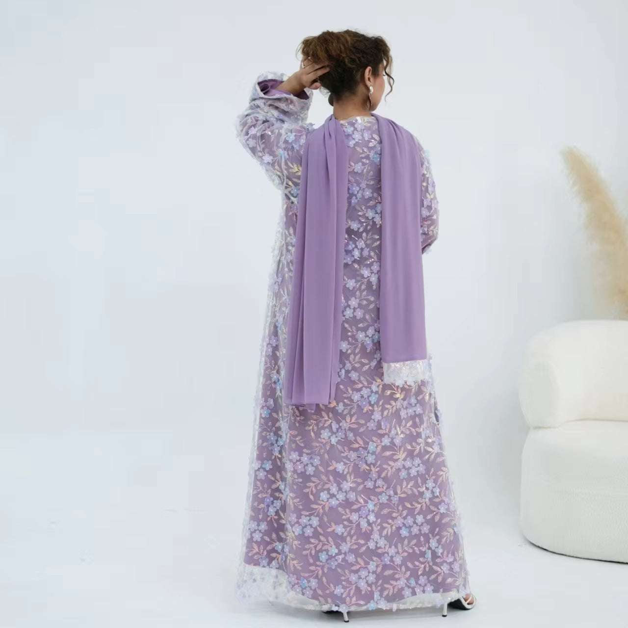 3D Floral Lace Abaya Set – 3 Piece