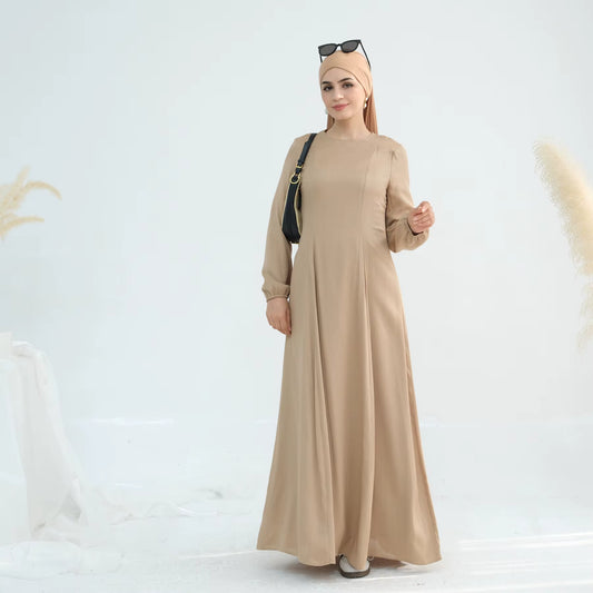 Solid Color Linen Abaya Maxi Dress – Breathable Modest Dress with Balloon Sleeves
