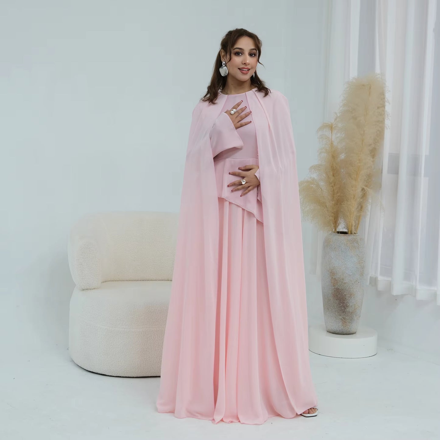 Ramadan Elegant Abaya with Sheer Cape Sleeves – Modest Evening Dress