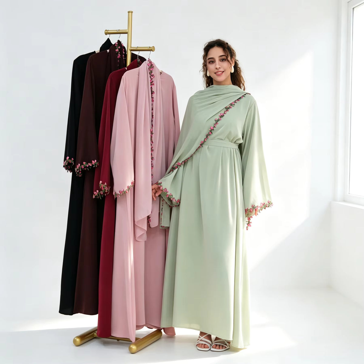 Amira Floral Embroidered Nida Abaya With Matching Hijab Set