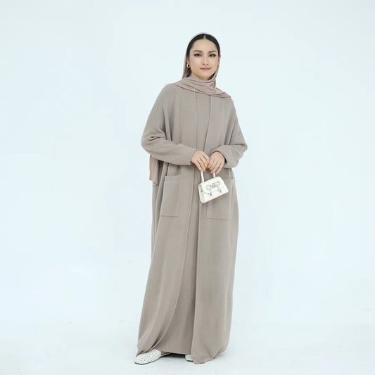 Autumn & Winter Knit Abaya 2-Piece Set – Elegant Cardigan & Inner Dress