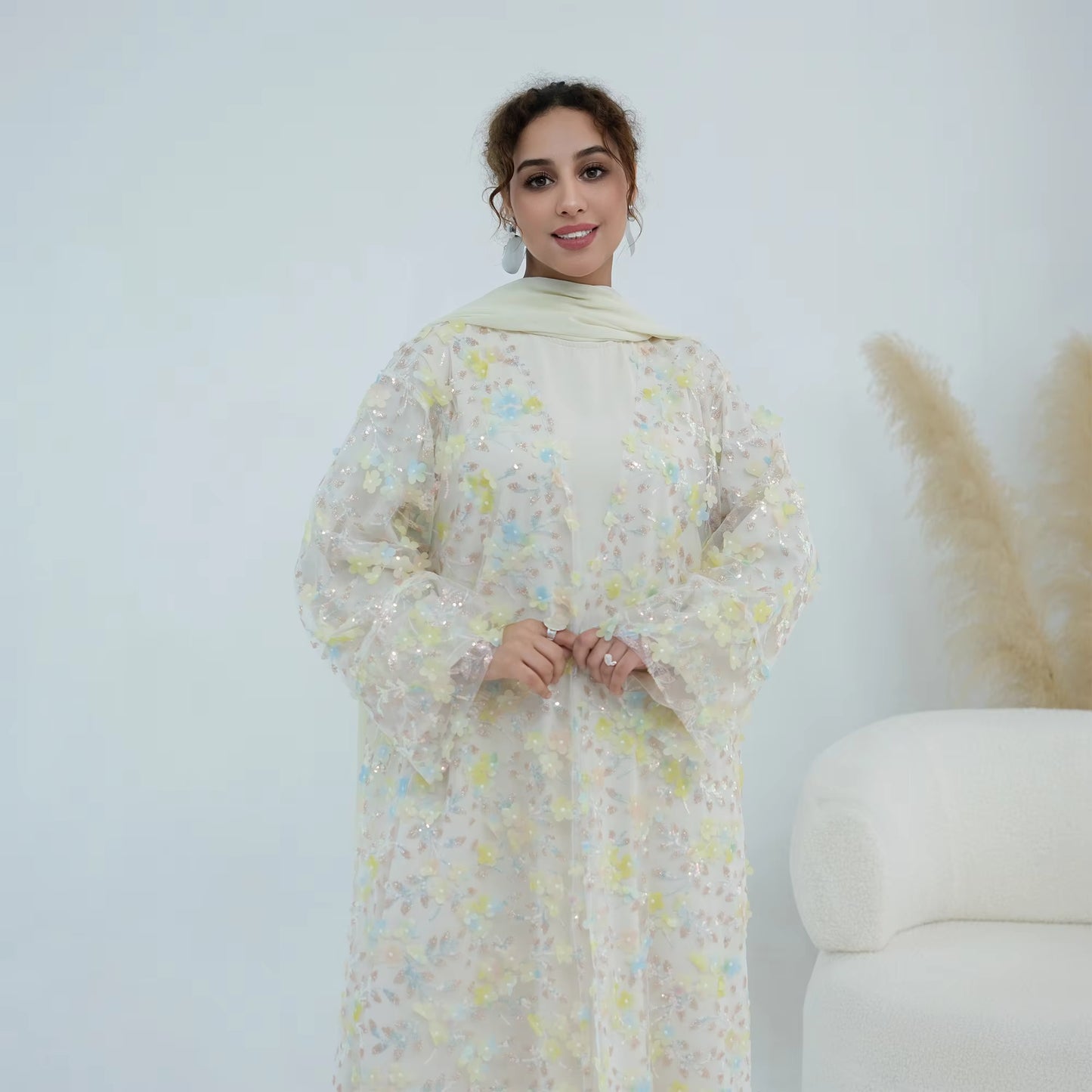 3D Floral Lace Abaya Set – 3 Piece