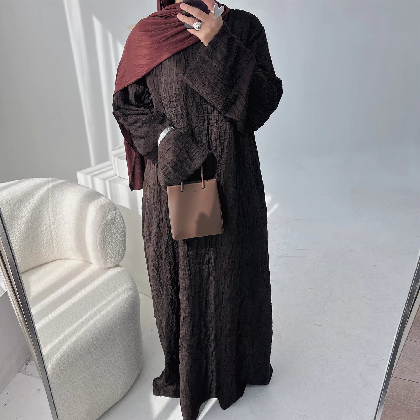 Brown Textured Open Front Abaya – Elegant Modest Islamic Cardigan for Women