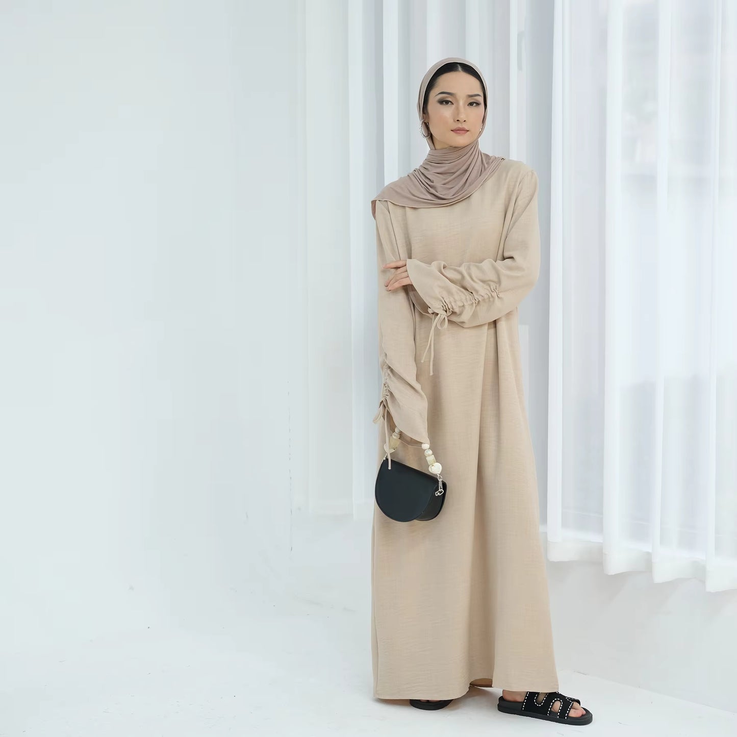 Nura Ruched Sleeve Closed Abaya – Breathable Everyday Modest Dress