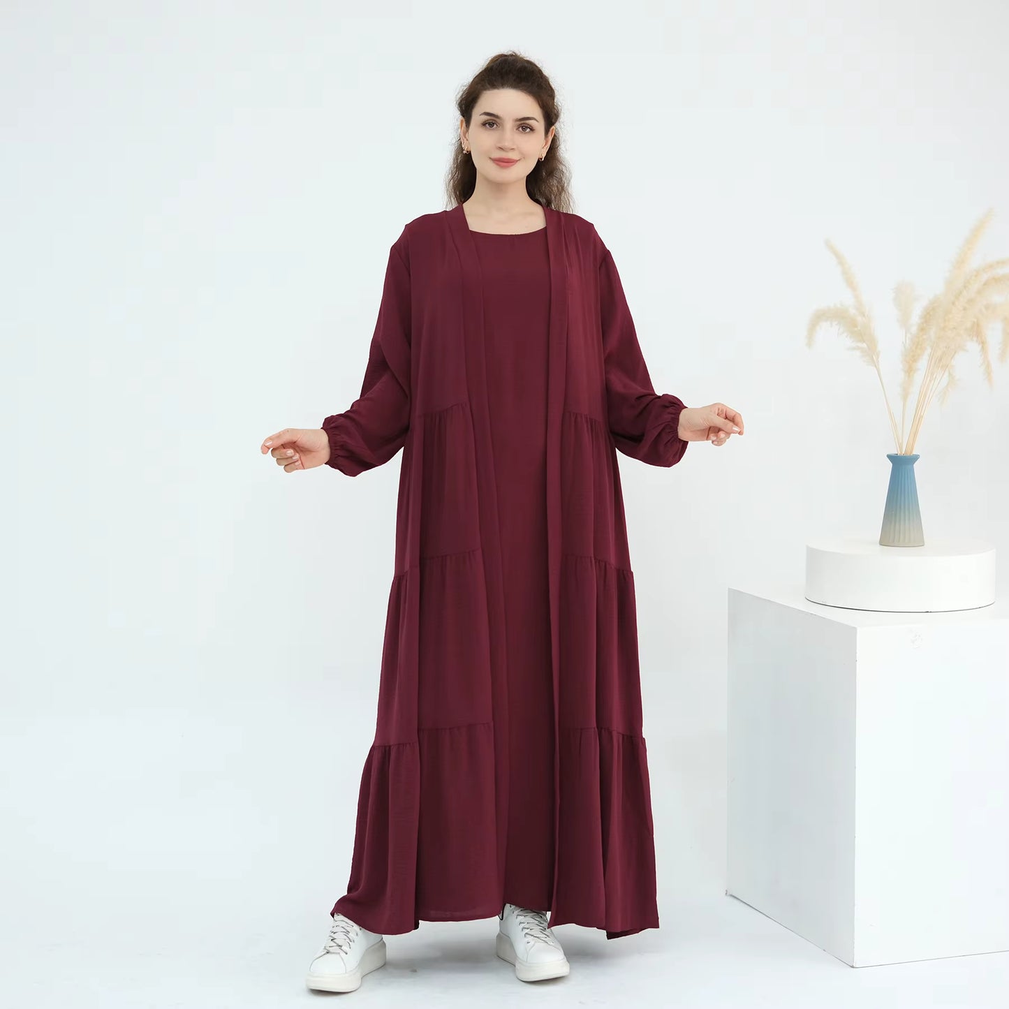 Elegant Soft Crepe Ruffle Abaya Set for Women – 2 Piece Modest Dubai Abaya Outfit