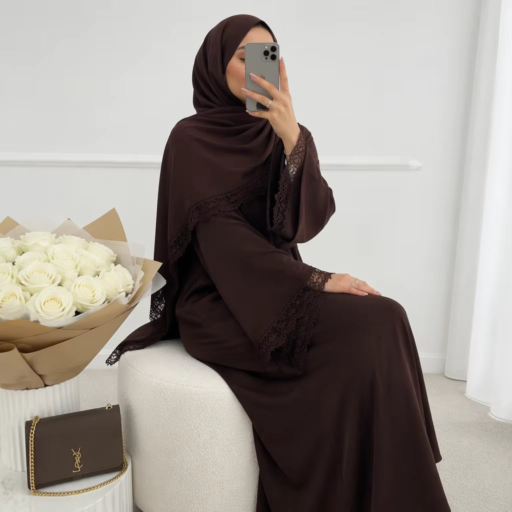 Elegant Lace Trim Cape Overlay Abaya Dress