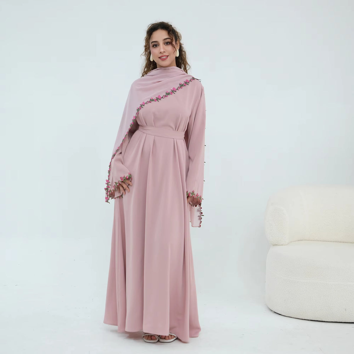 Amira Floral Embroidered Nida Abaya With Matching Hijab Set