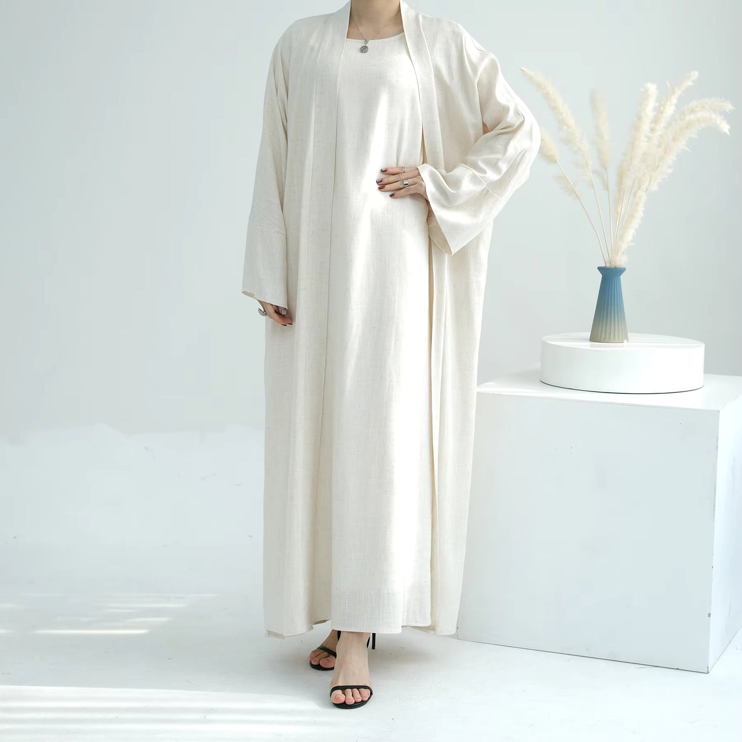 Linen Abaya Set for Women – Breathable 2-Piece Muslim Dress