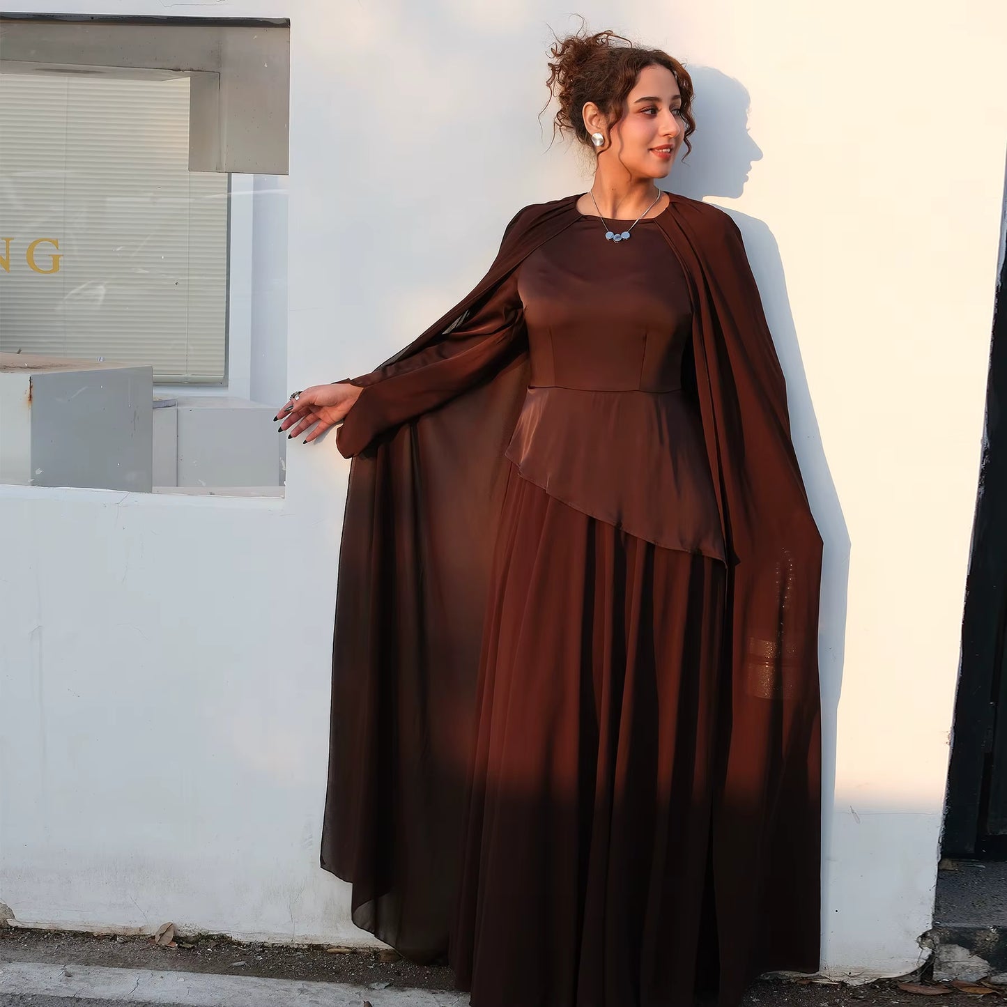 Ramadan Elegant Abaya with Sheer Cape Sleeves – Modest Evening Dress